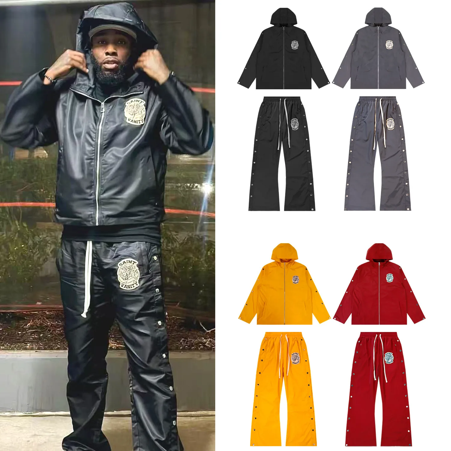 Style number: 6036 top P212 Style number: 8238 pants P184 Fabric: woven + lining Real stock SAINT VANITY embroidered breasted sports casual windbreaker jacket and trousers suit Color: Black Yellow Red Gray Size: S M L XL
